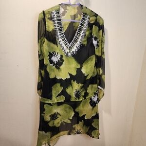 Sheer Dress with Green Floral and Sequin Neckline Fits M